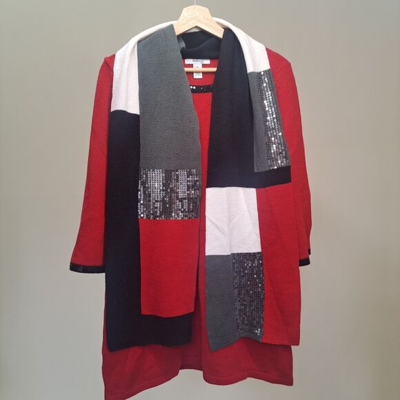 Style & Co Red White Black Sequin Trim Knit Sweater Dress & Scarf Set - Size P/L - Picture 12 of 16